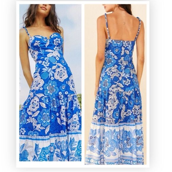 FARM Rio Blue Full of Flowers Organic Cotton Midi Dress M $248 FARM Rio Blue Full of Flowers Organic Cotton Midi Dress M $248
